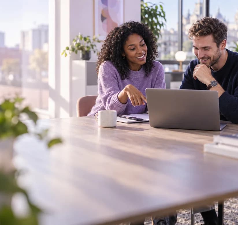 Colleagues discussing work in an office