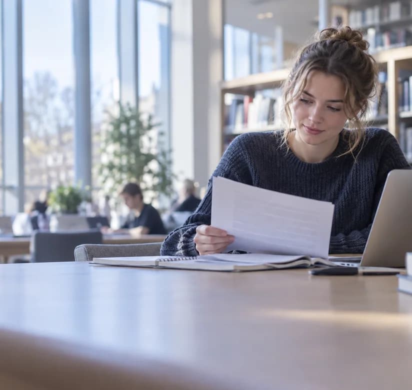 Student reading in a university library